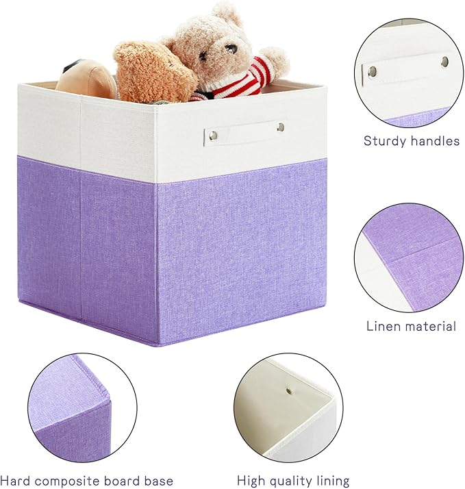 FinishingBo 13 x 13 Inch Fine Linen Storage Bins with Handles，Fabric Cube Boxs，Basket Organizers for Shelves for Home, Closet Drawers (White/Purple-4 Pack)