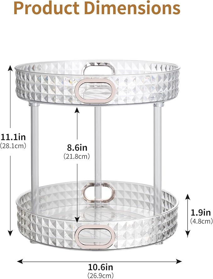 360 Rotating Makeup Organizer, 2 Tier Diamond Pattern Perfume Organizer, 10.6" Large Capacity Skincare Lotion Organizer, Designed for Vanity and Bathroom Countertops, Clear