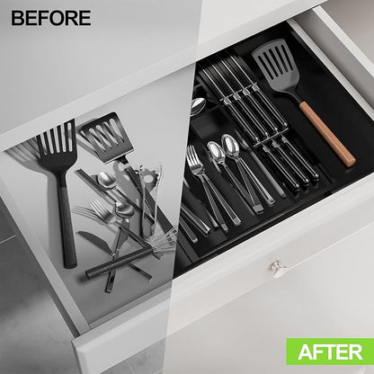 Bamboo Kitchen Drawer Organizer, Expandable Silverware Organizer with Removable Knife Block, 6-8 Slots- Utensil Holder & Cutlery Tray Drawer Dividers, 2.36" Deep for Extra Capacity, Black