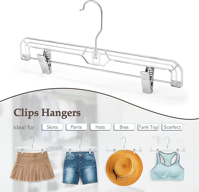 HOUSE DAY Bulk Clear Pants Hangers with Clips 500 Pack, Non-Slip Plastic Skirt Hanger with 2 Adjustable Clips, Slim Clip Hangers for Pants, Skirts, Shorts, 14" Clear Hanger, 360-Rotating Swivel Hook