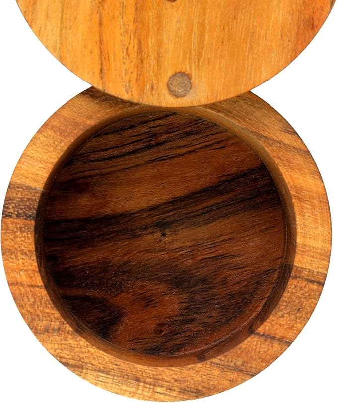 Kaizen Casa Acacia Wood Salt or Spice Box with Swivel Cover perfect for keeping table salt, gourmet salts, herbs or favorite seasonings, close at hand on your countertop.