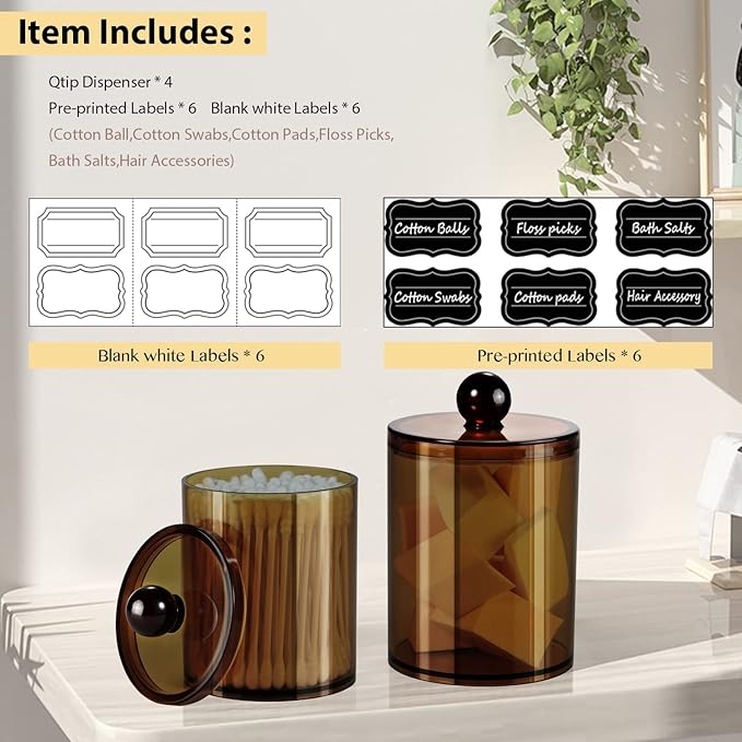 SheeChung 4-Pack Amber Acrylic Apothecary Jars - (2) 15oz & (2) 12oz Qtip Holder Set - Shatterproof Bathroom Vanity Organizer for Cotton Swabs,Balls,Pads - Modern Farmhouse Decor