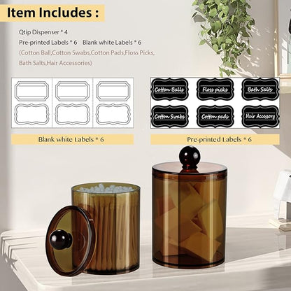 SheeChung 4-Pack Amber Acrylic Apothecary Jars - (2) 15oz & (2) 12oz Qtip Holder Set - Shatterproof Bathroom Vanity Organizer for Cotton Swabs,Balls,Pads - Modern Farmhouse Decor