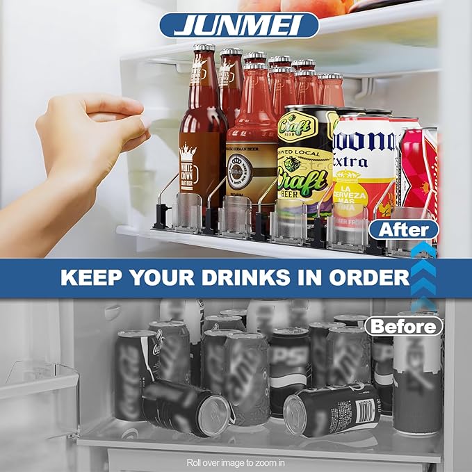 Drink Organizer for Fridge,12oz 16oz 20oz - Soda Can Dispenser for Refrigerator,Width Adjustable,Automatic Pusher Glide (Black, 15" D 3ROW, Holds 15 Cans)