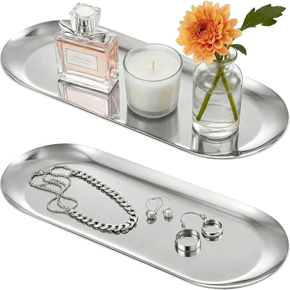 2PACK Silver Decorative Tray, Bathroom Vanity Tray for Dresser Counter, Stainless Steel Jewelry Dish Tray for Decor, Perfume Ring Key Candle Organizer Tray, Oval
