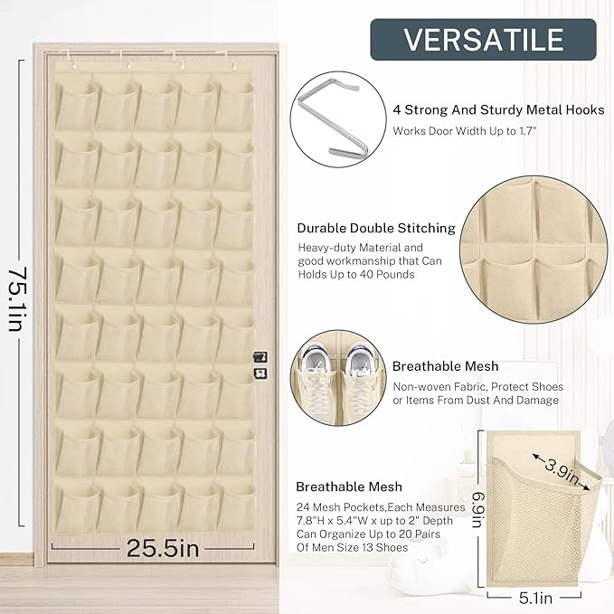 40-Pocket Over the Door Shoe Organizer - Large Mesh Pocket Hanging Shoe Organizer,Behind the Door Shoes Storage Holder Hanger
