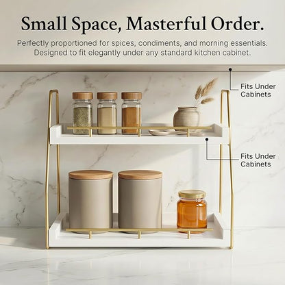 Mustry Bathroom Countertop Organizer, 2-Tier Makeup Organizer for Vanity, Wooden Shelf with Gold Metal Frame for Skincare, Perfume & Decor (White&Gold)