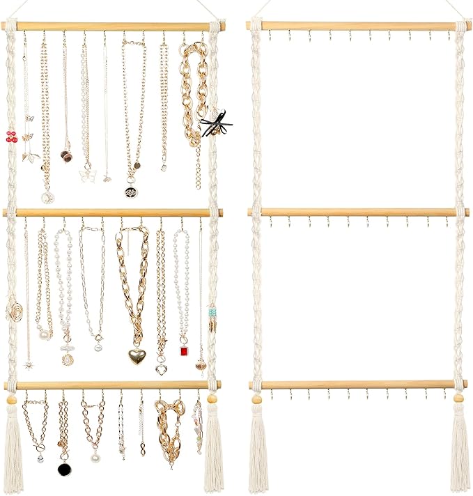 UREYMX Hanging Jewelry Organizer Macrame Necklace Holder, with 30 Hooks, Over Door Necklace Rack, Wall Mounted Jewelry Hanger with Tassel Boho for Necklace Headband Bow Earring Bracelet