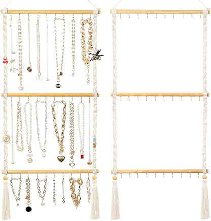 UREYMX Hanging Jewelry Organizer Macrame Necklace Holder, with 30 Hooks, Over Door Necklace Rack, Wall Mounted Jewelry Hanger with Tassel Boho for Necklace Headband Bow Earring Bracelet