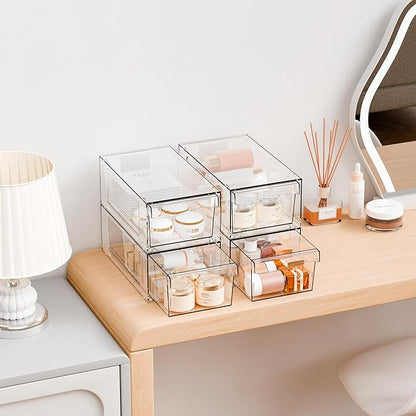 Yieach 6 Pack Clear Stackable Storage Drawers,4.5" Tall Acrylic Makeup Organizer Drawers and Medicine Cabinet Organizers,Pull Out Plastic Bathroom Closet Organizer for Hair Clip,Baby Bottle,Pacifier