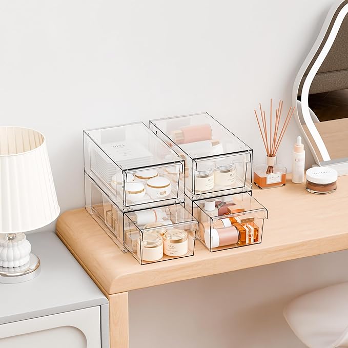 Yieach 2 Pack Clear Stackable Storage Drawers,4.5" Tall Acrylic Makeup Organizer Drawers and Medicine Cabinet Organizers,Pull Out Plastic Bathroom Closet Organizer for Hair Clip,Baby Bottle,Pacifier