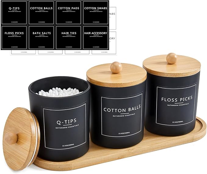 3 Pack Qtip Holder Bathroom Set with Tray,13.5oz Cotton Round Ball Pad Holder Cotton Swab Floss Pick Dispenser,Bathroom Organizers and Storage Container,Glass Apothecary Jars Canisters with Lids-Black
