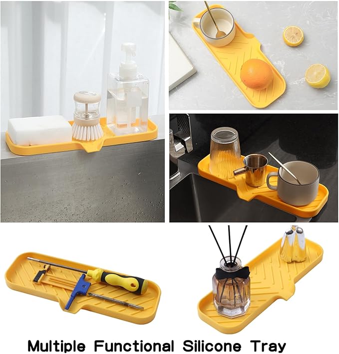 MicoYang Silicone Bathroom Soap Dishes with Drain Spout-Bathroom and Kitchen Sink Organizer,Sponge Holder,Dish Soap Tray,Perfect for Dispenser,Scrubber,Bottle,Cup on Sink or Counter-Yellow 12"×4"