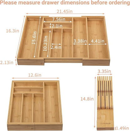 TIOPGHAD Bamboo-Silverware-Drawer-Organizer-Kitchen, Expandable Utensil Holder Cutlery Tray Flatware Organization Adjustable Wood Tableware Dividers Storage (with Removable Knife Block)(Natural)