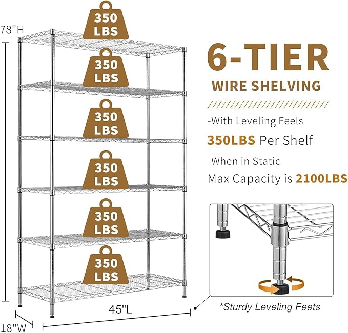 Storage Shelves with Wheels 6 Tier Wire Shelving Adjustable Metal Shelving Unit Heavy Duty NSF Shelf Capacity 2100lbs for Garage Rack, Kitchen, Closet, Commercial (45"x18"x82", Chrome)