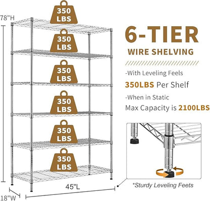 Storage Shelves with Wheels 6 Tier Wire Shelving Adjustable Metal Shelving Unit Heavy Duty NSF Shelf Capacity 2100lbs for Garage Rack, Kitchen, Closet, Commercial (45"x18"x82", Chrome)