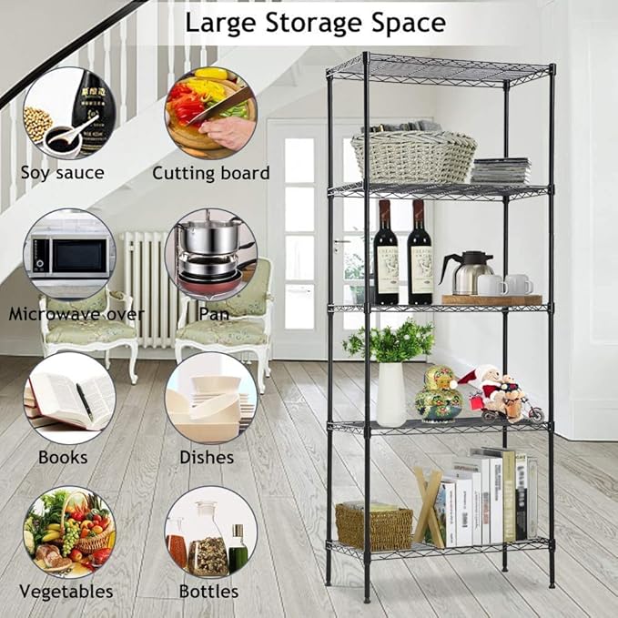 Storage Metal Utility Shelves, 5-Tier 24" Steel Garage Storage Wire Shelving Unit,750Lbs Rust-Proof Storage Racks w/Leveling Feet, NSF Certification Shelf for Kitchen Office Garage