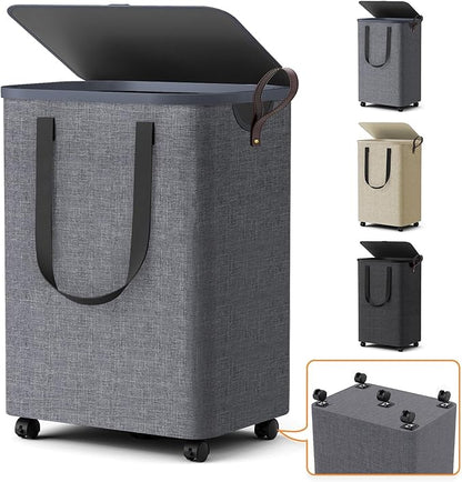 Laundry Basket with 5 Wheels, Tall Dirty Laundry Hamper, Rolling Laundry Basket with Lid, Collapsible Clothes Hamper for Bathroom Bedroom Dorm Laundry Room, Light Gray, 75L