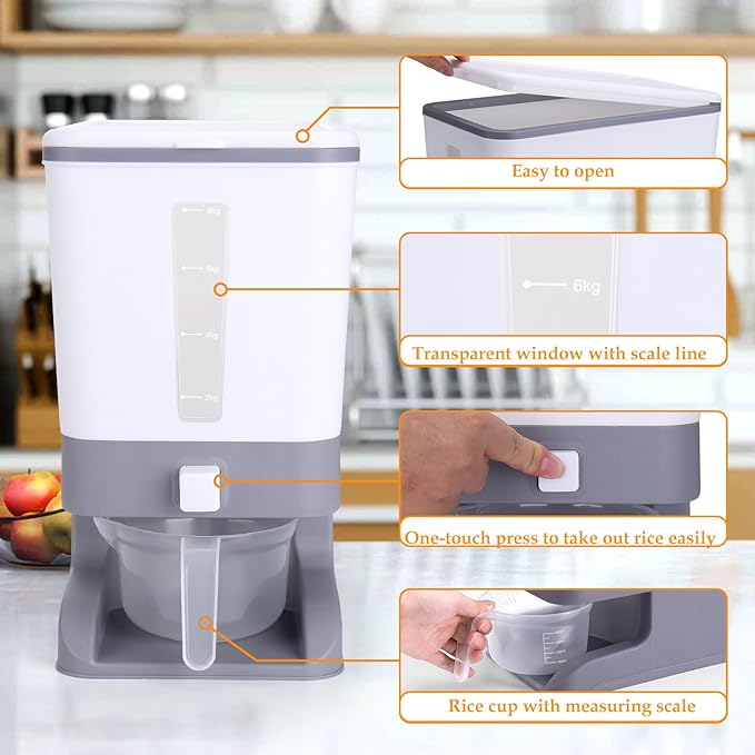 Juome 20-25 Lbs Rice Dispenser with Moisture Absorbing Clay - Large Rice Storage Container with Measuring Cup, Sealed Food Storage Containers with Lids, Rice Holder for Kitchen Pantry Household