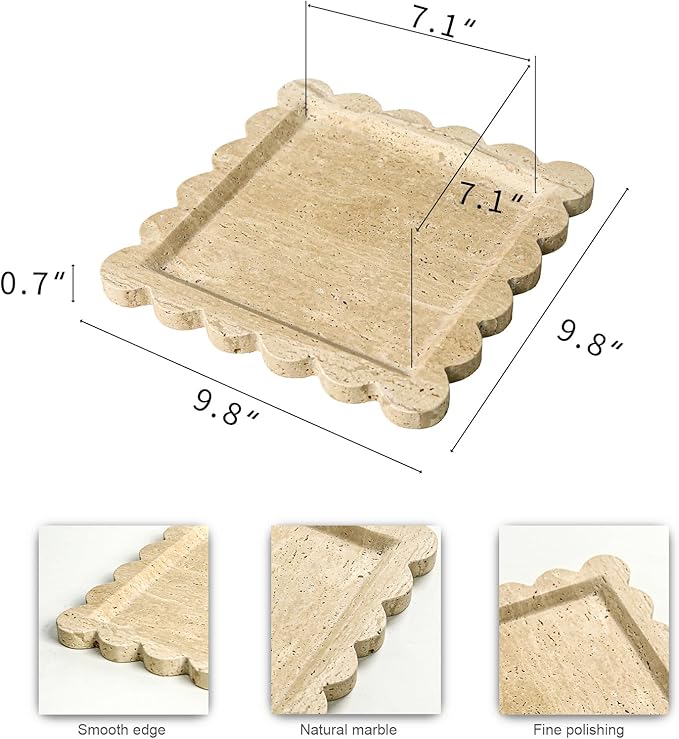 Natural 100% Travertine Vanity Tray Luxury Scalloped Marble Tray, Italian Travertine Tray for Home Decor Bathroom Kitchen Candle Key (Square-9.8 * 9.8-Beige Travertine)