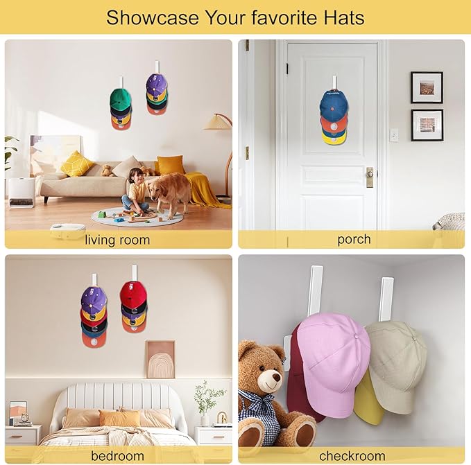 Hat Rack for Baseball Cap, (4 Pack) Adhesive Ball Caps Holder on Wall, No Drilling Hat Organizer Wall Storage Wall Mount, Hat Hanger Display, White