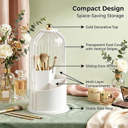 Makeup Brush Holder with Lid 360° Rotating 3-Compartment Makeup Organizers for Vanity, Waterproof & Dustproof Cosmetic Storage Box for Dressing Table (Transparent White)