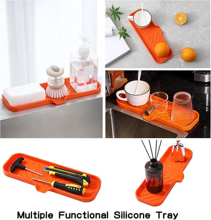 MicoYang Silicone Bathroom Soap Dishes with Drain Spout-Bathroom and Kitchen Sink Organizer,Sponge Holder,Dish Soap Tray,Perfect for Dispenser,Scrubber,Bottle,Cup on Sink or Counter-Orange 12"×4"
