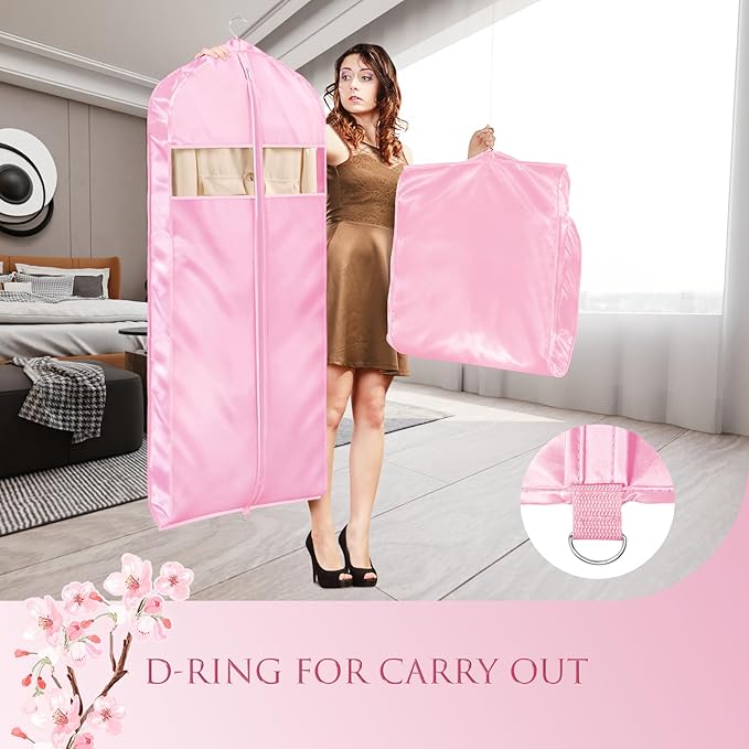 Univivi Super Soft Satin Garment Bags for Hanging Clothes, 43 Inch Zippered Suit Cover with Gussets, Breathable & Non-smell for Suits, Coats, Jackets, Shirts, 2 Pack - Pink