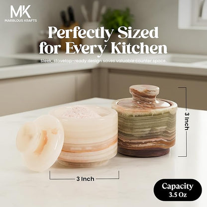 MARBLOUS KRAFTS Marble Salt Cellar with Lid White Onyx and Green Onyx 3" Stone Spice Jar, Perfect for Kitchen Counters, Ideal for Storing Salt, Sugar, and Pepper Bowls, Gift for Mom