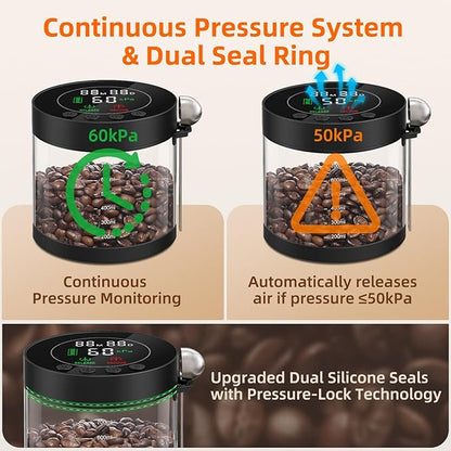 Electric Vacuum Coffee Canister, 0.8L Glass Airtight Food Storage Containers with Smart Pressure Sensor, Automatic Coffee Bean Container Rechargeable with LED Display Window for Kitchen Food Storage