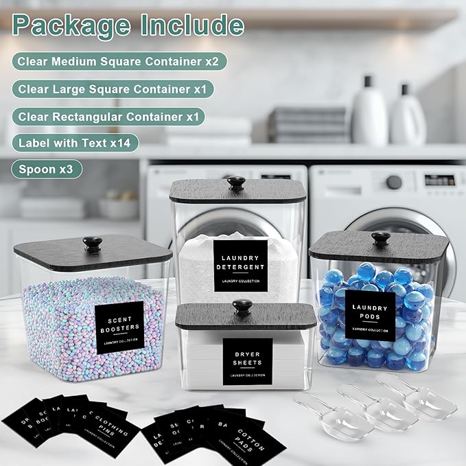 POLRAI 4 Pack Laundry Pod Containers and Dryer Sheet Holder with Bamboo Lids and Labels Laundry Room Organization Containers for Scent Booster Powder Detergent Pods Storage