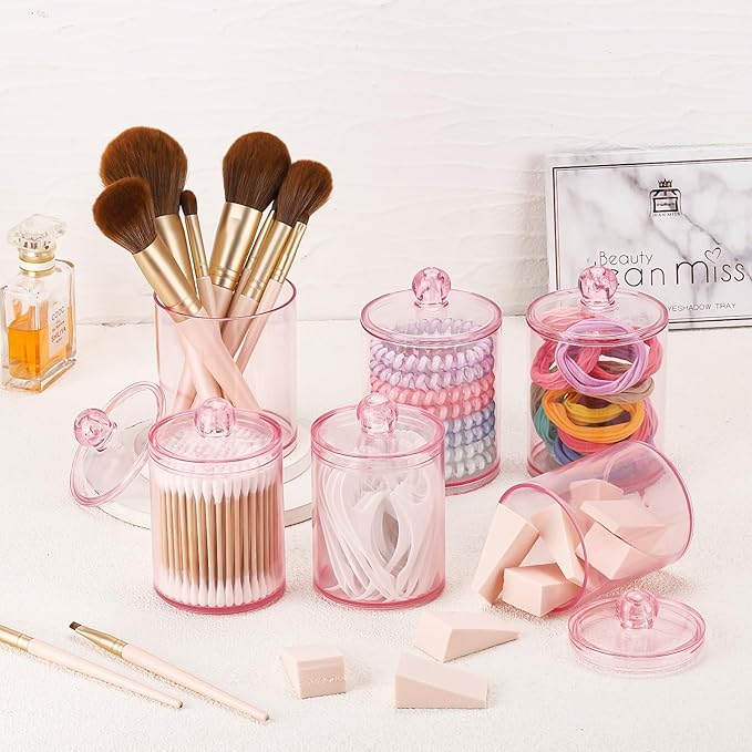 Tbestmax 6 Pack Qtip Holder - 12 oz, 10 oz Bathroom Organizer and Storage Containers, Plastic Apothecary Jars with Lids for Cotton Ball, Cotton Swab, Floss, Pink