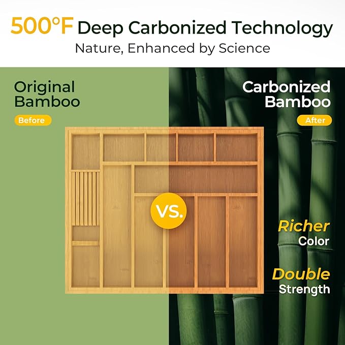 keechee Carbonized Large Bamboo Kitchen Drawer Organizer, 12 Slots Expandable Silverware Organizer, Utensil Holder & Cutlery Tray, 2.5" Deep for Extra Capacity, Non-Slip Feet Included