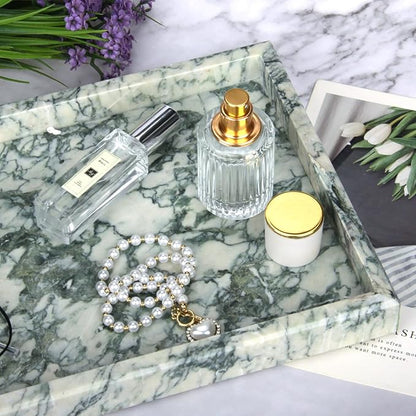 Marble Bathroom Vanity Tray, Natural Luxury Vanity Home Kitchen Bathroom Table Tray, Stone Decorative Countertop Dresser Trays for Key Coffee Perfume Jewelry Makeup (Green Texture, 12"x 8" x1.2")