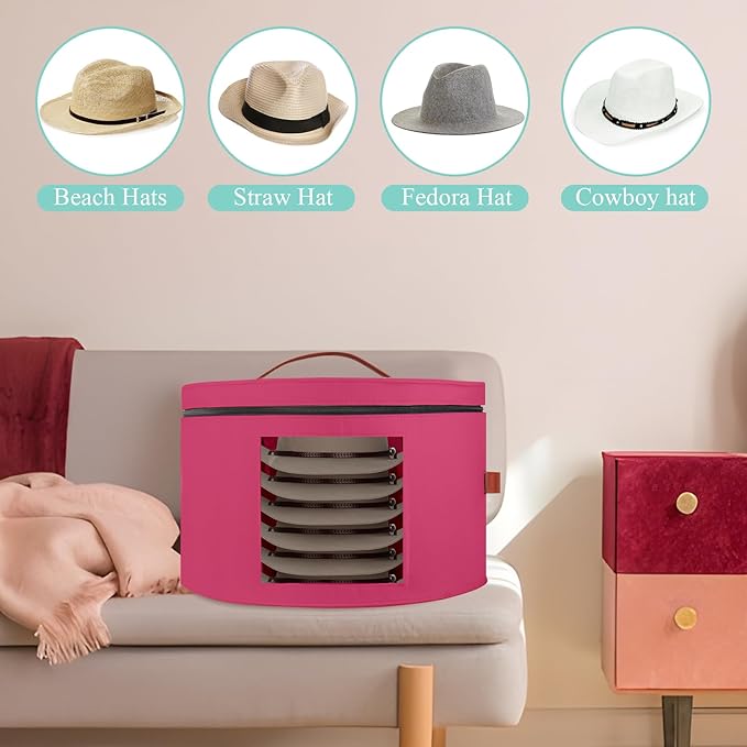 Hat Box,Hat Storage Box,Stackable Round Brim Hats Organizer Bag Container for Closet,Travel Hat Boxes for Women, Cowboy Hat Organizer, FoldableTravel Cap Boxes (09-Rose Red, 16.5" D x 10.5" H)