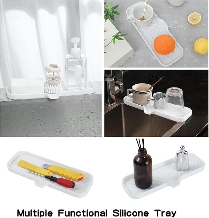 MicoYang Silicone Bathroom Soap Dishes with Drain Spout-Bathroom and Kitchen Sink Organizer,Sponge Holder,Dish Soap Tray,Perfect for Dispenser,Scrubber,Bottle,Cup on Sink or Counter-White 12"×4"