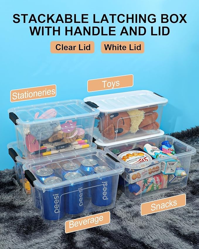 EOENVIVS Plastic Storage Bins with Lids 6 Pack, 7 Quart Storage Containers with Black Buckle Latch, Stackable Storage Containers for Home Pantry Office Classroom Organization, White