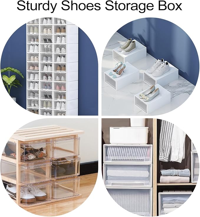 ARTIBETTER 6pcs Plastic Shoe Storage Boxes with Flip Lid Drawer Design, White 33×23×14cm Stackable Organizers for Home Closet Shoe Storage