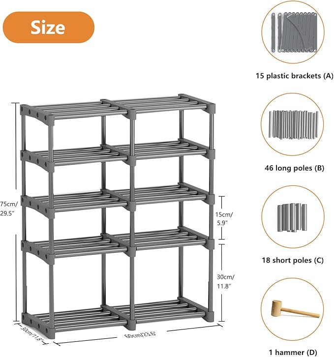 homyfort Shoe Rack Storage, 5-Tier Shoe Organizer Shelf for Closet Entryway, 10 Pairs Sturdy Shoe Stand (Grey)