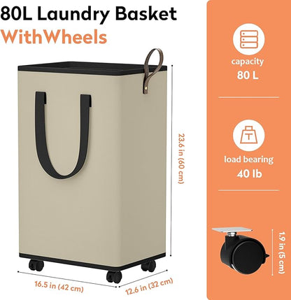 SpaceTrove Laundry Basket with Wheels, Collapsible Laundry Baskets, Laundry Hamper with Handles Detachable Wheels, Rolling Laundry Basket, Dirty Clothes Hamper for Bathroom, Dorm, Bedroom, Beige, 80L