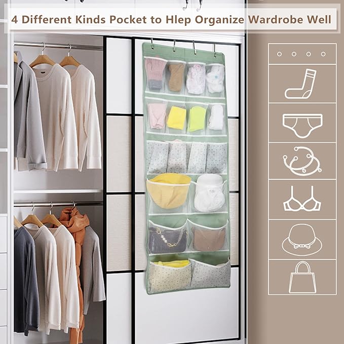 18 Pockets Over the Door Organizer with 4 Kind Pockets,Behind Door Shoes Rack,Back of Closet Storage Organization for Socks,Hat,Underwear,Luggage Packing,Hanging Holder Shelf in Home Dorm,Travel,Green