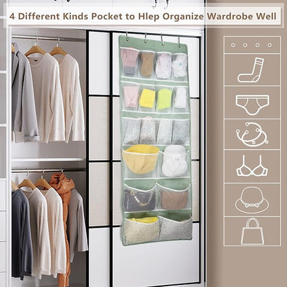 18 Pockets Over the Door Organizer with 4 Kind Pockets,Behind Door Shoes Rack,Back of Closet Storage Organization for Socks,Hat,Underwear,Luggage Packing,Hanging Holder Shelf in Home Dorm,Travel,Green