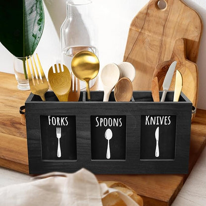 MINCORD Wood Flatware Organizer, Rustic Utensil & Silverware Holder for Forks, Spoons, Knives, Farmhouse Kitchen Cutlery Caddy Bin Countertop - Black