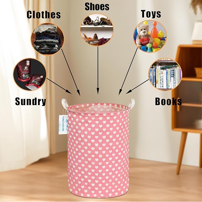 Laundry Basket Canvas Fabric Collapsible Organizer Basket for Storage Bin Toy Bins Gift Baskets Bedroom Clothes Children Nursery Hamper (pink heart)