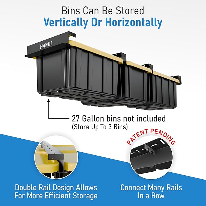 USA Based Overhead Garage Storage Rack, Connectable Heavy Duty Metal Ceiling Rails Garage Storage Organization Shelving System, Hanging Racks Tote Containers, Supports Up To 3 Bins, 2 Sets Black
