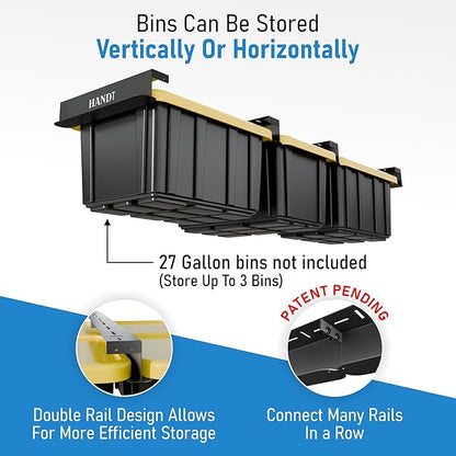 USA Based Overhead Garage Storage Rack, Connectable Heavy Duty Metal Ceiling Rails Garage Storage Organization Shelving System, Hanging Racks Tote Containers, Supports Up To 3 Bins, 2 Sets Black