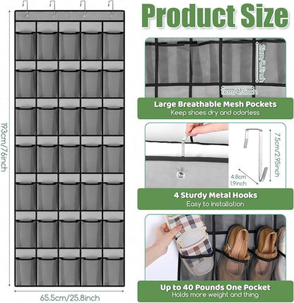 2 Pcs Over The Door Shoe Organizer, Space Saving Hanging Shoe Rack Hanger with 40 Large Breathable Mesh Pocket for Closet Entryway Bedroom Dorm (2Pcs 80 Large Mesh Pocket Total)(Black)