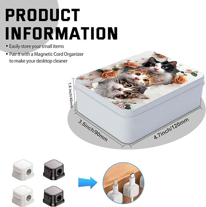 Metal Tin Box with Lid for Game Cards Home Organizer Candles Keys Crafts Storage - Comes with 4 Magnetic Cord Clips，Cute Cats and Roses