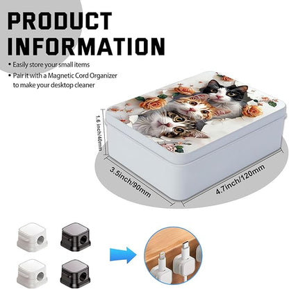 Metal Tin Box with Lid for Game Cards Home Organizer Candles Keys Crafts Storage - Comes with 4 Magnetic Cord Clips，Cute Cats and Roses