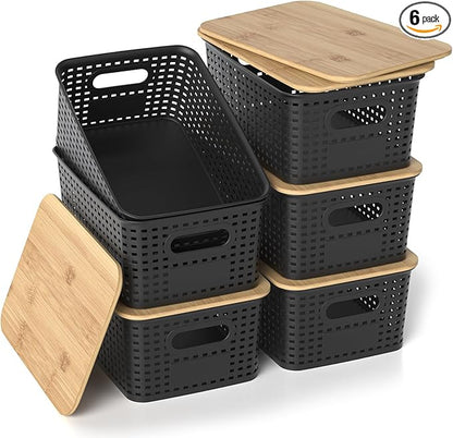 Plastic Storage Baskets with Bamboo Lids, Stackable Small Box Bins for Organizing and Containers for Shelves Drawers Desktop Closet Pantry Classroom Office Home, 6 Pack 10.2x7.2x4.1 Inch, Black